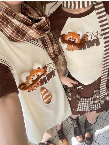Long/Short Fashion Version T-Shirt with Detachable Plush Red Millard Panda Brown