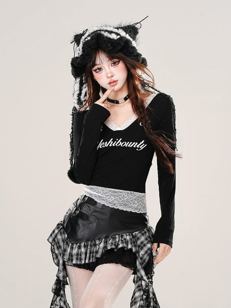 Long V-Neck Neckline and with Black Hem Sleeve Lace Top Patchwork