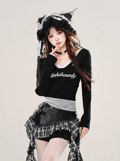 Long V-Neck Neckline and with Black Hem Sleeve Lace Top Patchwork