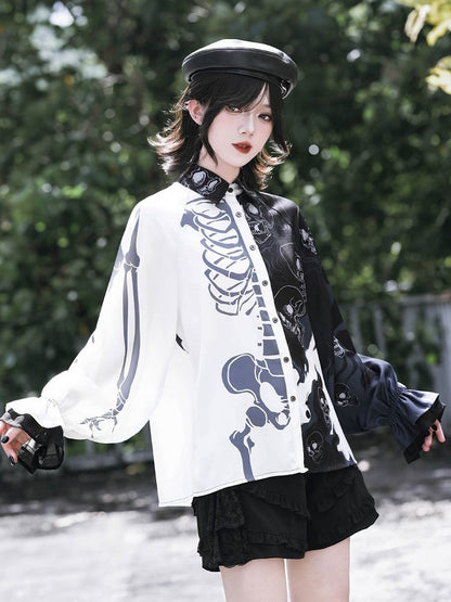 Gothic Black and White Balloon Sleeve Shirt with Asymmetric Skeleton Print - Quirky Hut