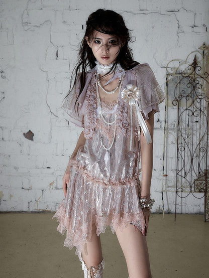 Dusty Pink Chiffon Cropped Top with Lace & Ruffle Trim - Romantic Punk Style