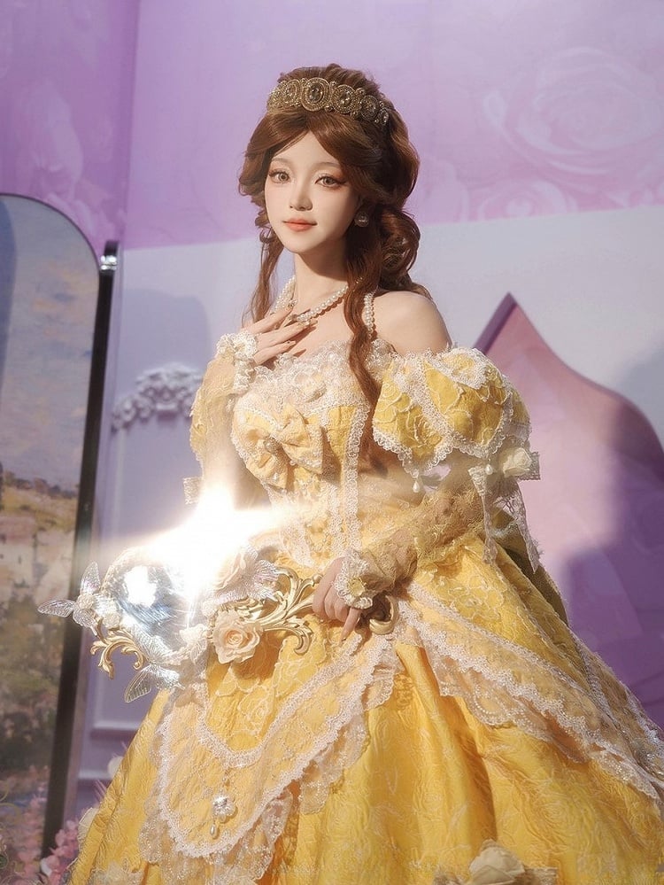 Hanayome Details Bow Yellow Layered Lace Gown and Ruffles Version with Short Lolita Hime Off-Shoulder