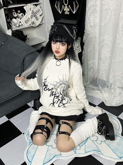 White Centipede Print Distressed Sweater - Alita26SS
