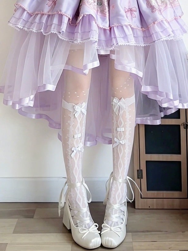 Bow-Accented Sheer Polka-Dot Lolita Over-The-Knee Stockings, Black & White - Milkcat Studio