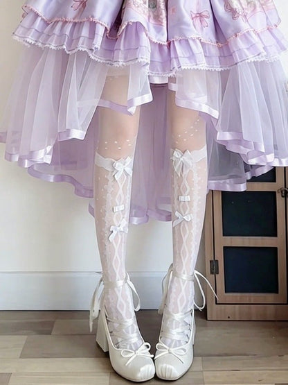 Bow-Accented Sheer Polka-Dot Lolita Over-The-Knee Stockings, Black & White - Milkcat Studio