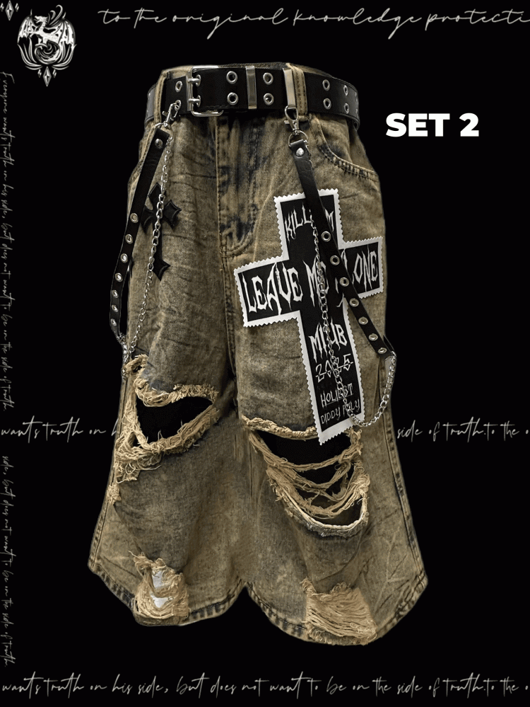 パンクなウェイストランドクロスのアップリケ、イエローのダメージ加工の穴あきデニムショーツ、Y2K