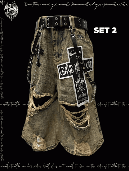 パンクなウェイストランドクロスのアップリケ、イエローのダメージ加工の穴あきデニムショーツ、Y2K