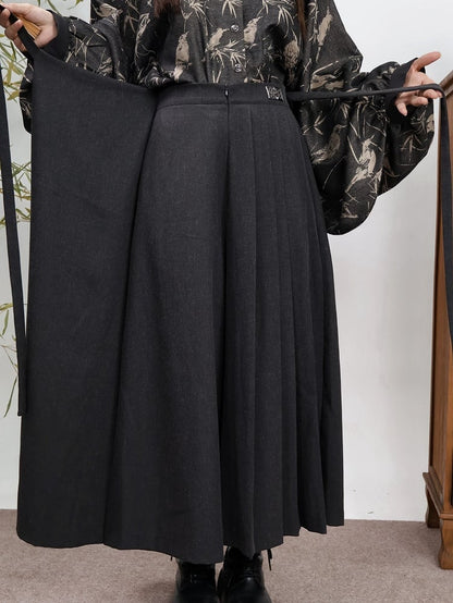 Self-Tie Chinese with Details Pleated Straps - Black Wide-leg Zip Closure Skort Style