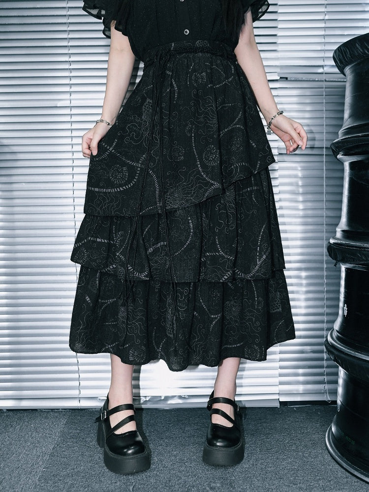 Gothic Black Asymmetrical Three-Tier Skirt with Sea Lily - Quirky Hut