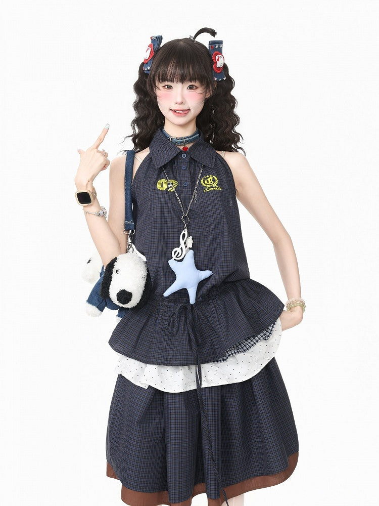 Navy Plaid Peplum Sleeveless Blouse with Flared Hem - Languid Park