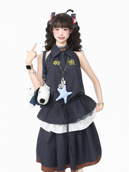 Navy Plaid Peplum Sleeveless Blouse with Flared Hem - Languid Park