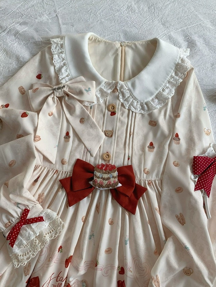 Peter Pan Collar Bear & Cake Print OP Dress with Bow - Honey Village