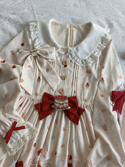Peter Pan Collar Bear & Cake Print OP Dress with Bow - Honey Village