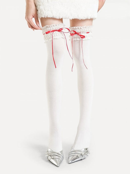 Lace Trim Overknee Stockings with Bowknot Details in 4 Options - ModaSwings