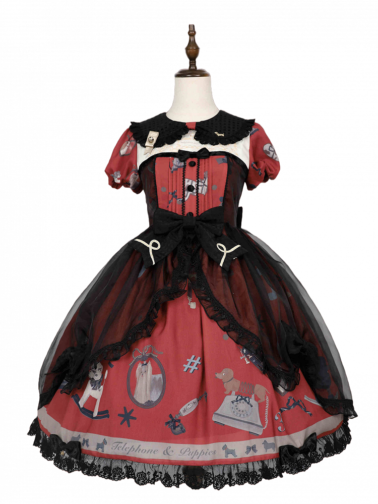 Süßes Lolita-Kleid mit Welpen- und Telefon-Print, schwarz-rotem Peter-Pan-Kragen