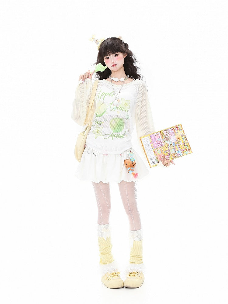 Top Loose-Fit for Apple Fall and - Sleeve Green/Yellow Print Semi-Sheer with Summer Long Breathable