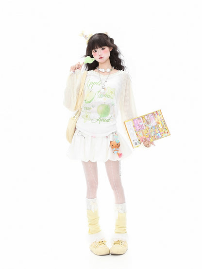 Top Loose-Fit for Apple Fall and - Sleeve Green/Yellow Print Semi-Sheer with Summer Long Breathable