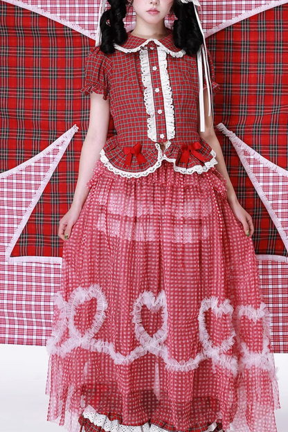 チェックメッシュスカート ハート レトロ