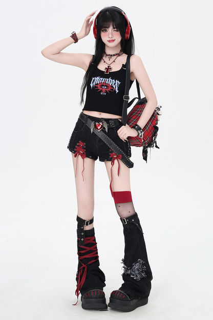 ショートパンツ カラーリボン デニム レースアップ