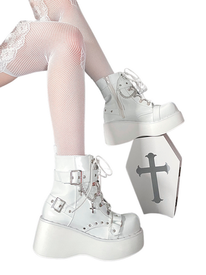 Boots Platform Round Punk Cross Toe