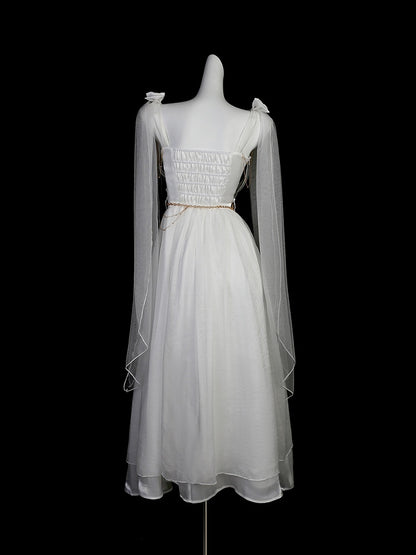 White Greek-inspired Lolita Flowing Bow Shoulders Maxi Dress with Gold Chains - Xiong Dou Jiang