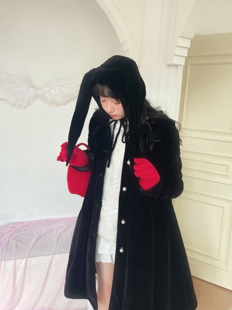 Adjustable Black Plush Bunny Ear Beanie