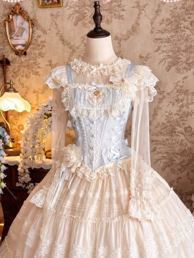Princess Top & Skirt Set with Lace, Floral, Blue & White Sweet Lolita - Twilight Flower Letter