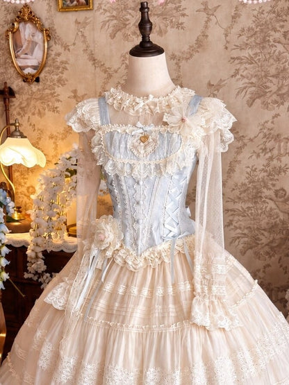 Princess Top & Skirt Set with Lace, Floral, Blue & White Sweet Lolita - Twilight Flower Letter