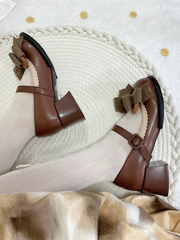 Chocolate Regular/Thicken Scalloped with Version - Sweet Bear-themed Lolita Trim Low/Mid Bow Removable Ornate Heels