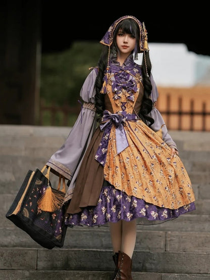 Yellow & Purple Retro Floral Print Lolita JSK Dress with Layered Skirt - Neoludwig