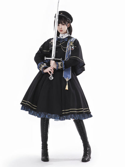 Detail Black Asymmetrical and Blue with Sash Cape Tassel