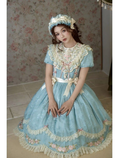 Embroidered Blue Classic Lolita OP Dress with Scallop Lace Trim