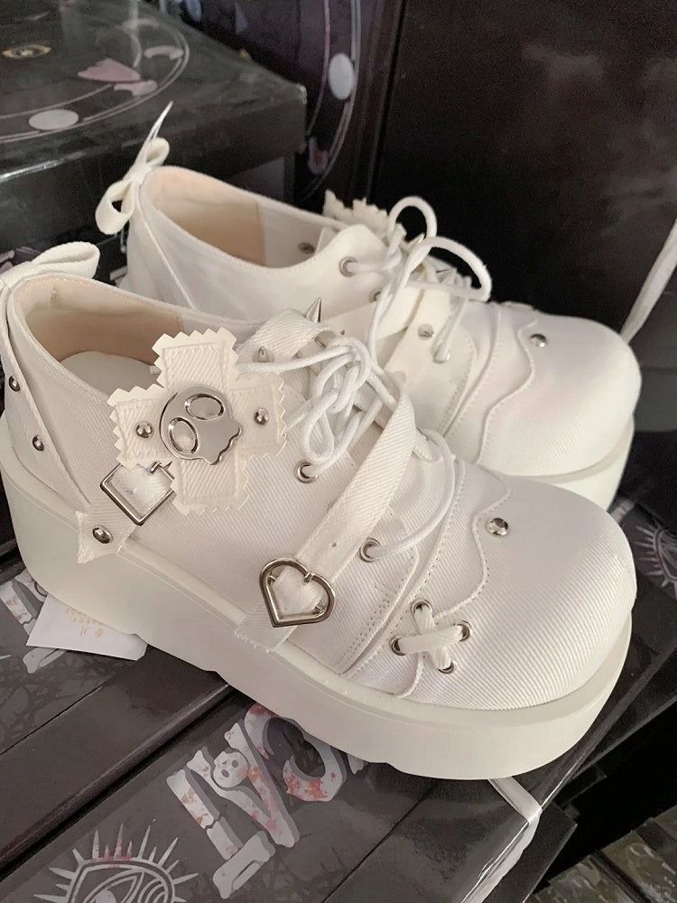 Cross Shoes Style Denim in Platform Decor Skeleton Studs White Details Punk