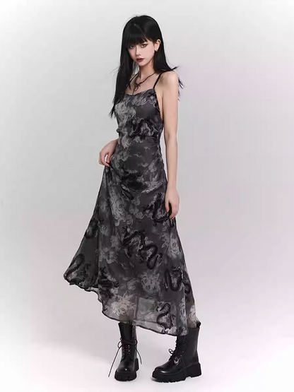 Black and Gray Dragon Print Backless/Covered-Back Slip Dress
