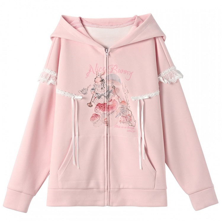 Yume Kawaii Pink Bunny Ear Hood and Bunny Print Zip Closure Hoodie
