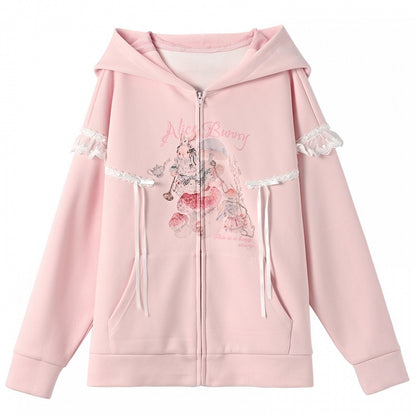 Yume Kawaii Pink Bunny Ear Hood and Bunny Print Zip Closure Hoodie