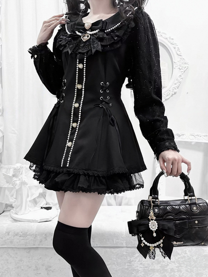Black Jirai-Kei Lace Long Sleeve Dress with Bow & Bead Decorations + Shorts - AOSpace