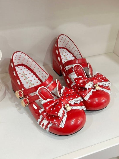 Janes Polka Red - Mid-heel PU Dot Top Bunny Bow Mary 4.2cm Sweet Charm