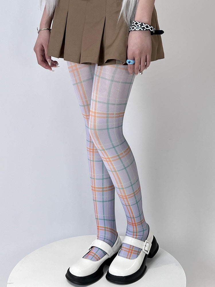 Tights Plaid Y2K WhiteGreen/Purple