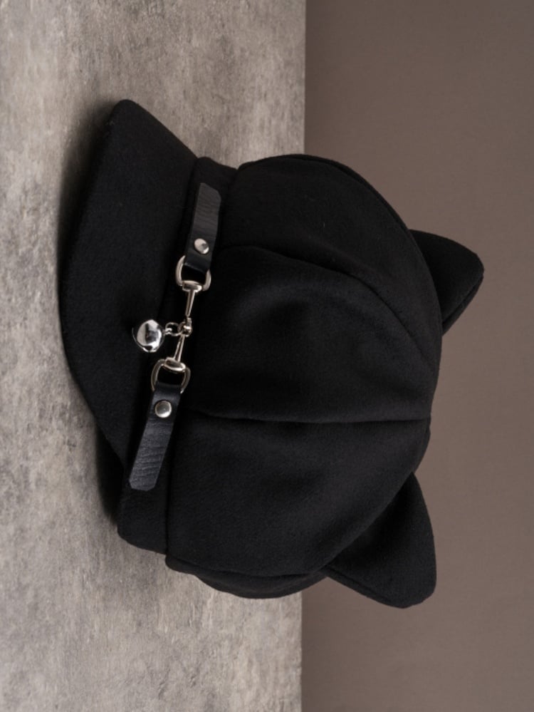 Gothic Hat Cat Black Buckle Design Ear Charm Beret Bell