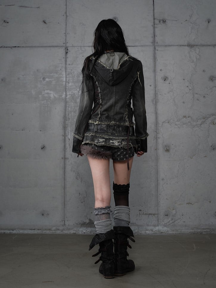 Hooded Detachable Gray Dark Hem Finish with Denim Distressed Jacket Corduroy