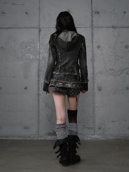 Hooded Detachable Gray Dark Hem Finish with Denim Distressed Jacket Corduroy