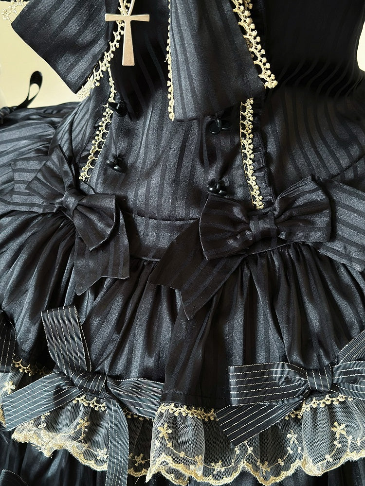 und Schleife Lolita Schwarze Akzente Gestreiftes Idol Stoff Goldkleid