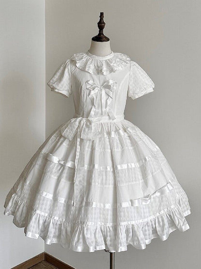Ivory Checkered Puff Sleeve Lolita One-Piece Dress