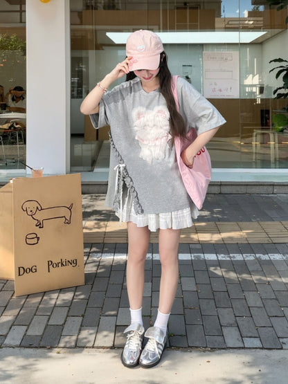 ピンク/グレー ラウンドネック ぬいぐるみ キティ/ベア Tシャツ