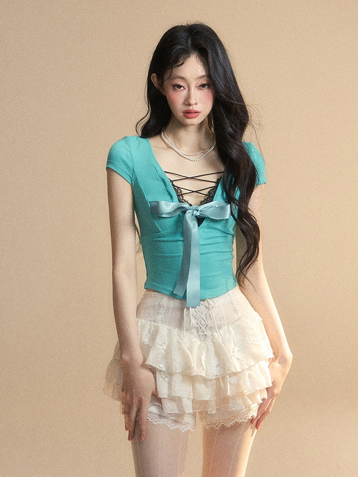 Blue Lace Trim V-Neck Cutout Tiffany Slim-fitting Back T-Shirt Big Bow