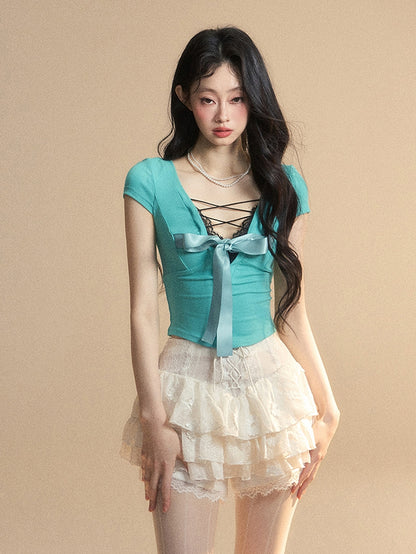 Blue Lace Trim V-Neck Cutout Tiffany Slim-fitting Back T-Shirt Big Bow