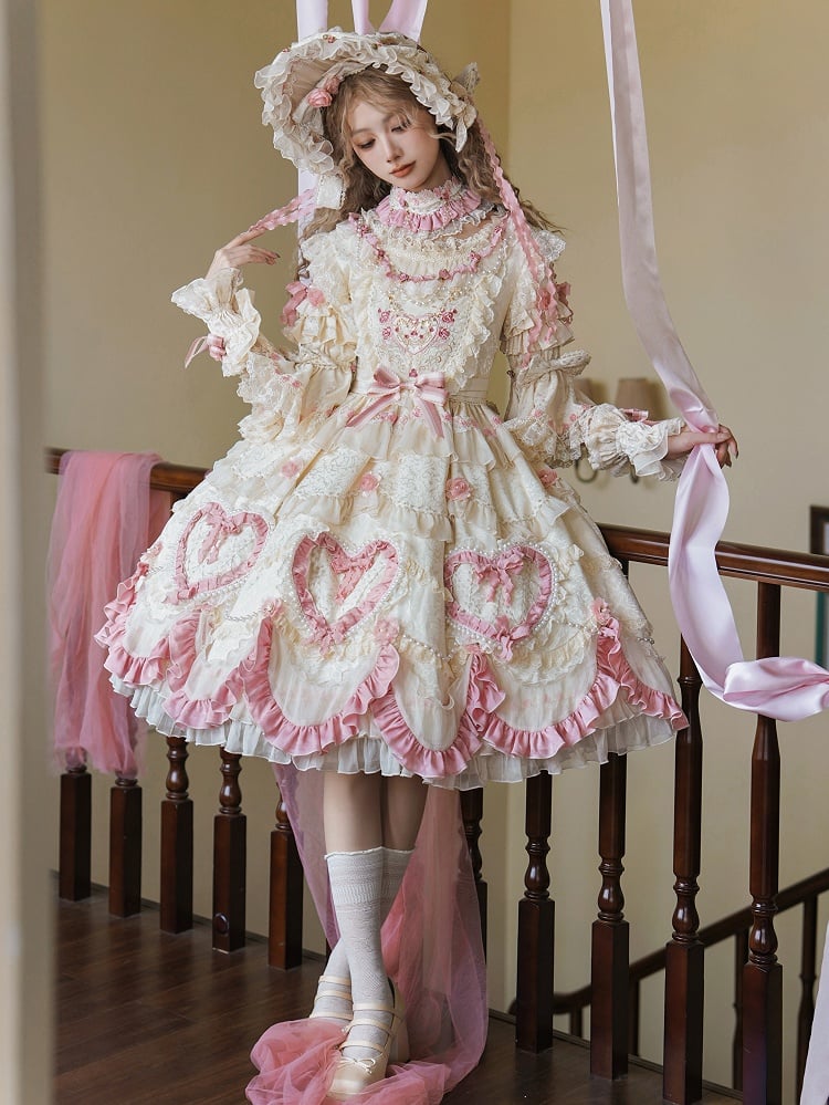 Beige Hanayome Rosette Embroidery Floral and Bead Chain Lolita OP Full Set