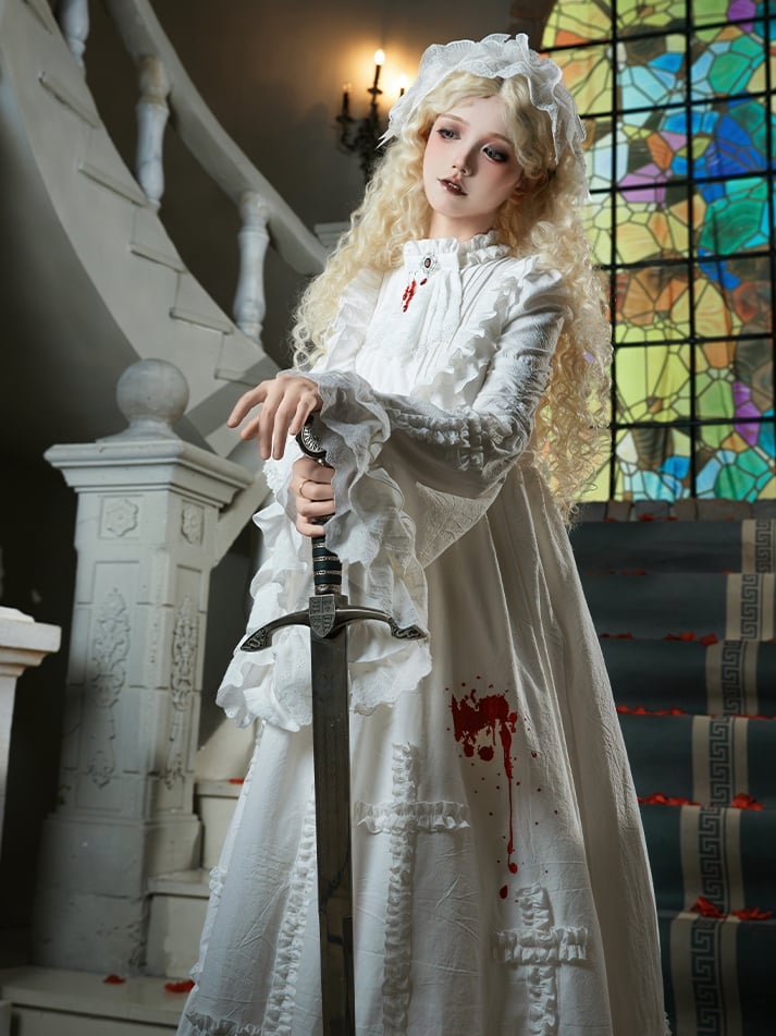 Long and Neckline Shaped Ruffles Ruffled Blood Version with Cross Lolita Embroidery Gothic Dress White