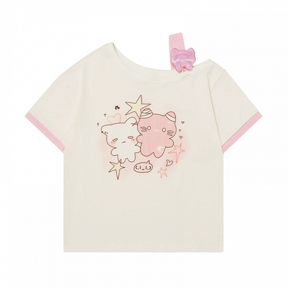 T-Shirt mit asymmetrischem Ausschnitt und Cartoon-Kätzchen-Print, Rosa/Blau/Schwarz